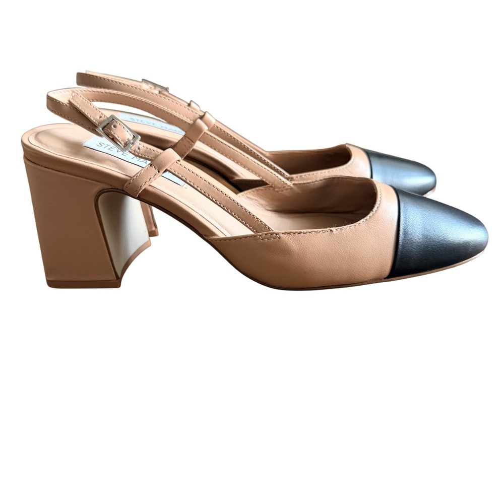 Steve Madden Womens Beige Black Cap Toe Slingback Block Heel Pumps Size 6.5M